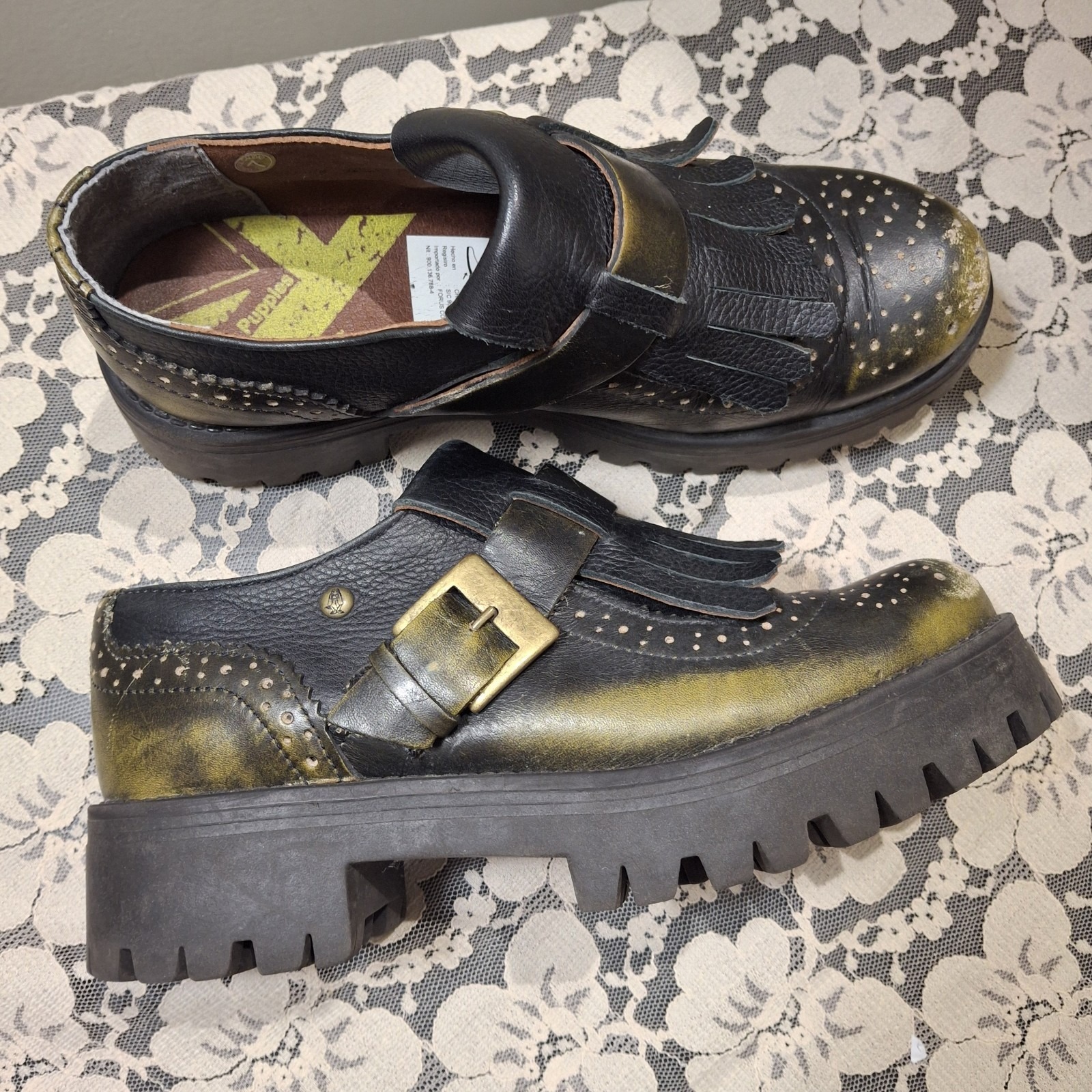 Y2k Vintage Rare Hush Puppies Chunky Maryjane Shoes Black/Olive Leather 38/7.5
